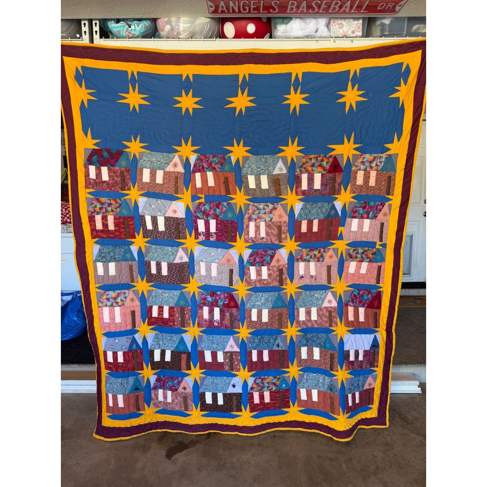 Vintage Handmade Schoolhouse Patchwork Quilt Blue Yellow Stars Folk Art 84"x76"